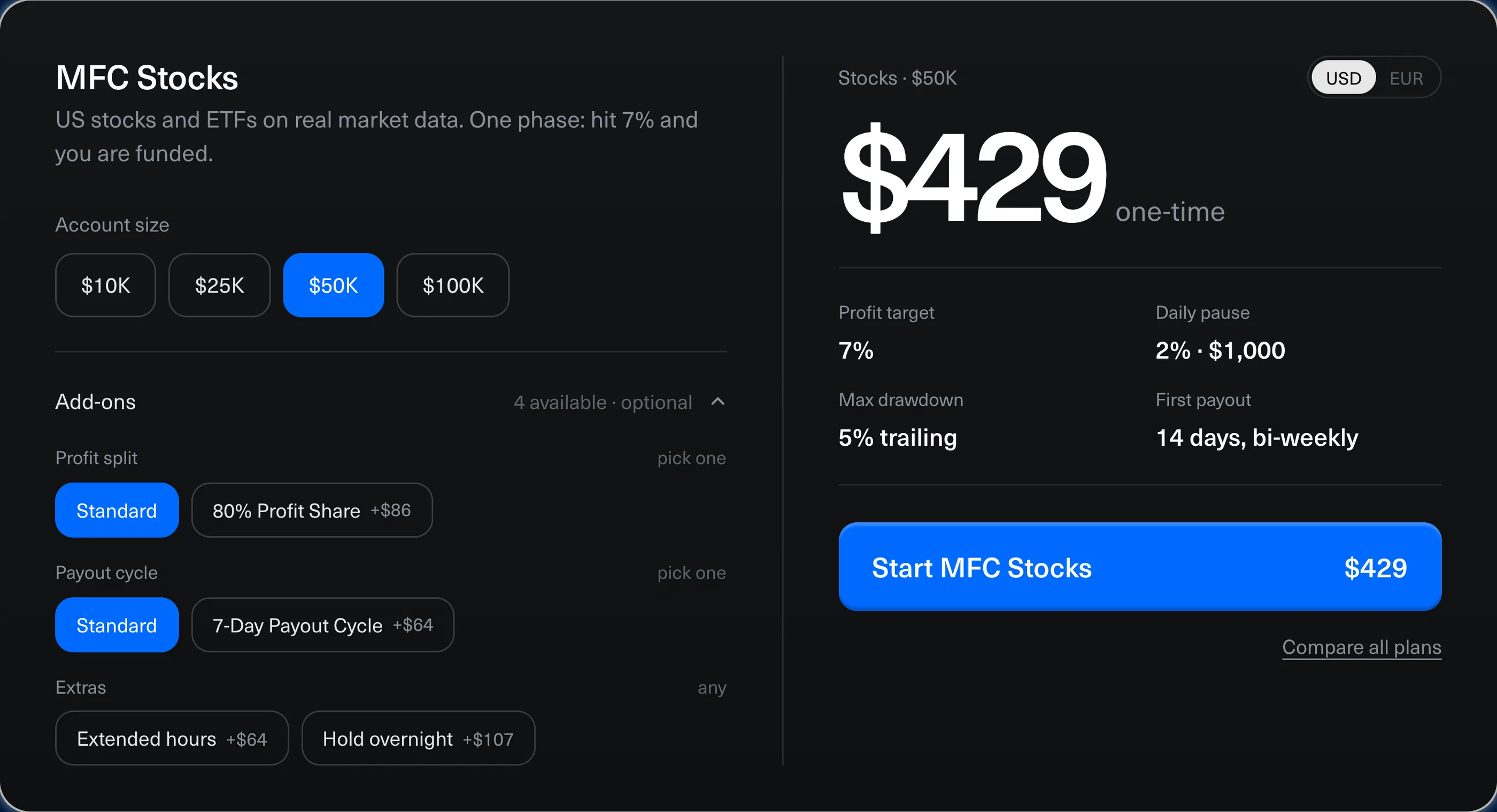 Pick a program and a size, add what you need, pay once.