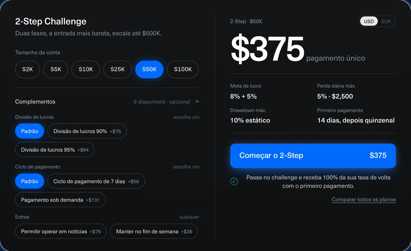 Escolha um programa e um tamanho, adicione o que precisar e pague uma única vez.