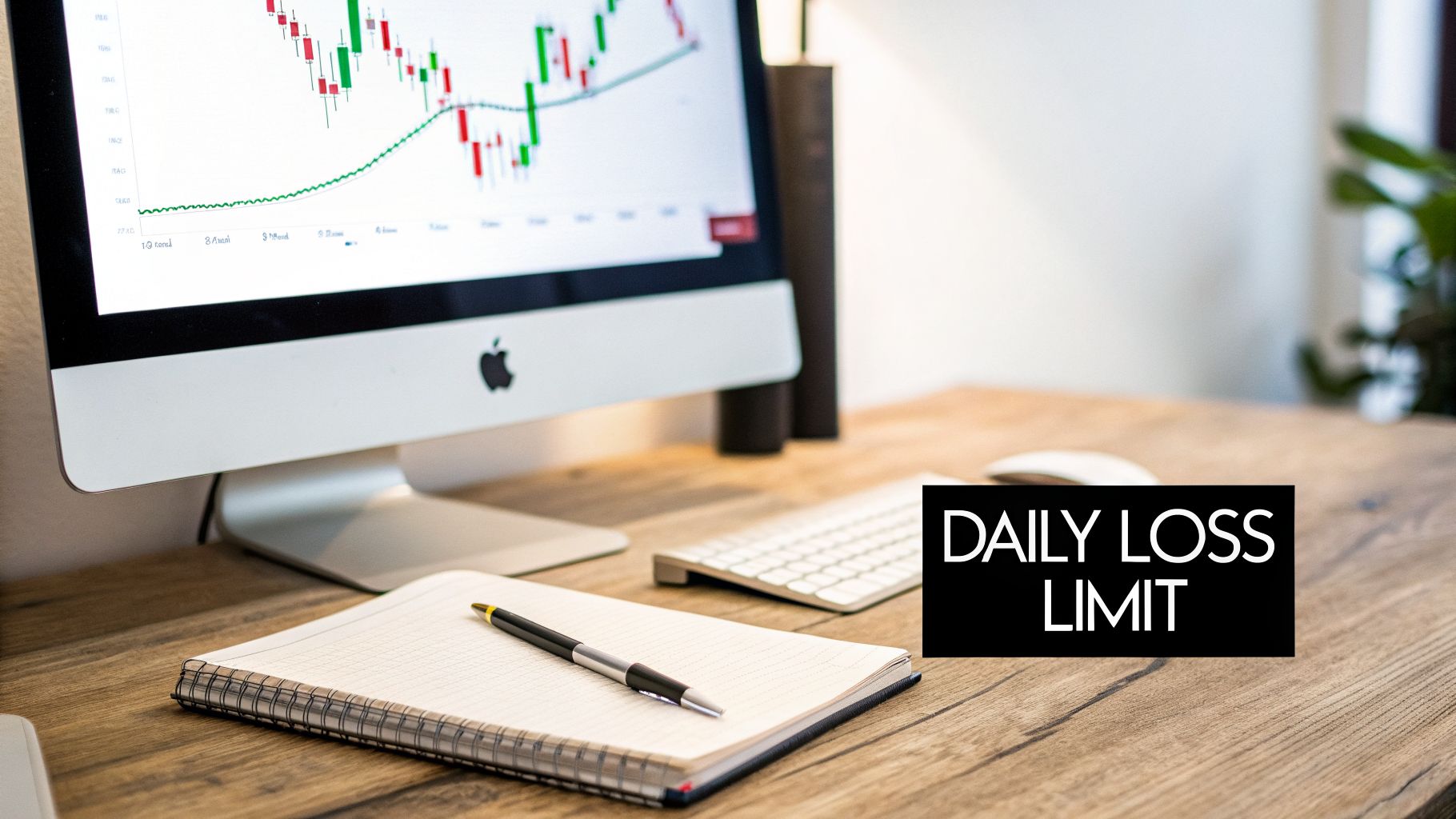 A desk with an Apple iMac displaying stock charts, a notebook, and a 'DAILY LOSS LIMIT' sign, emphasizing trading risk management.