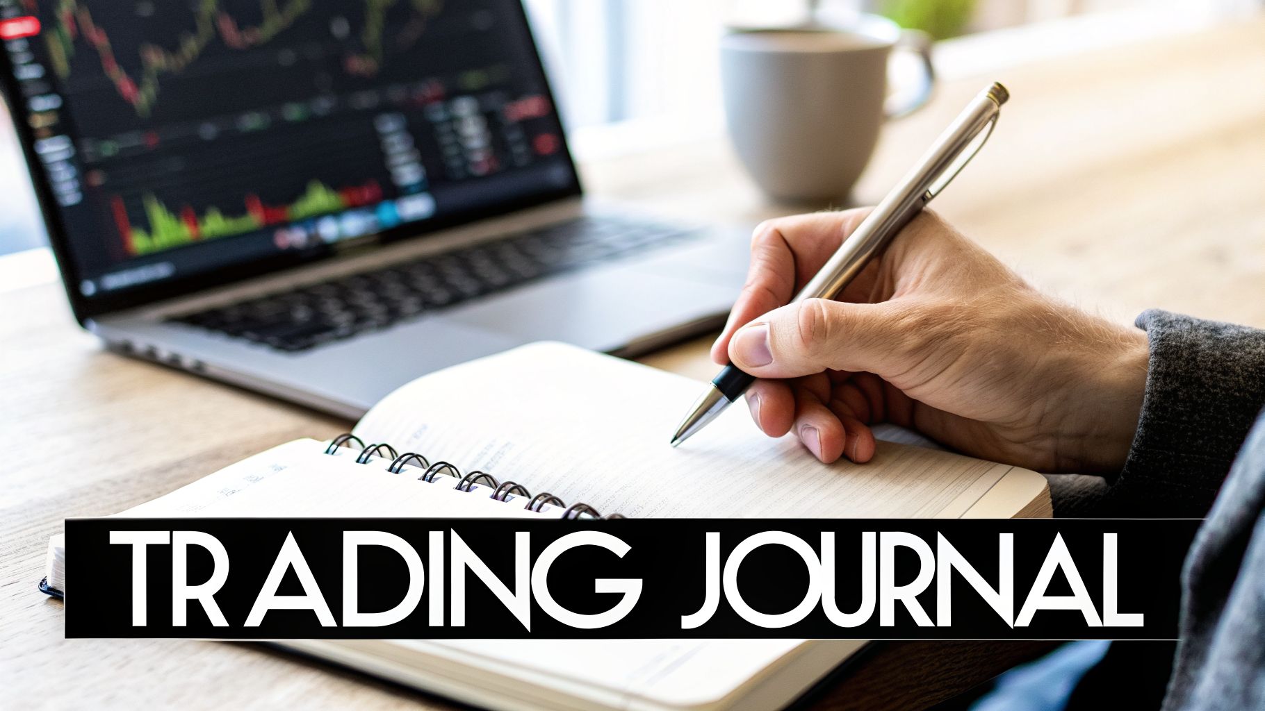 A person writing in a trading journal with a pen, next to a laptop showing financial charts.