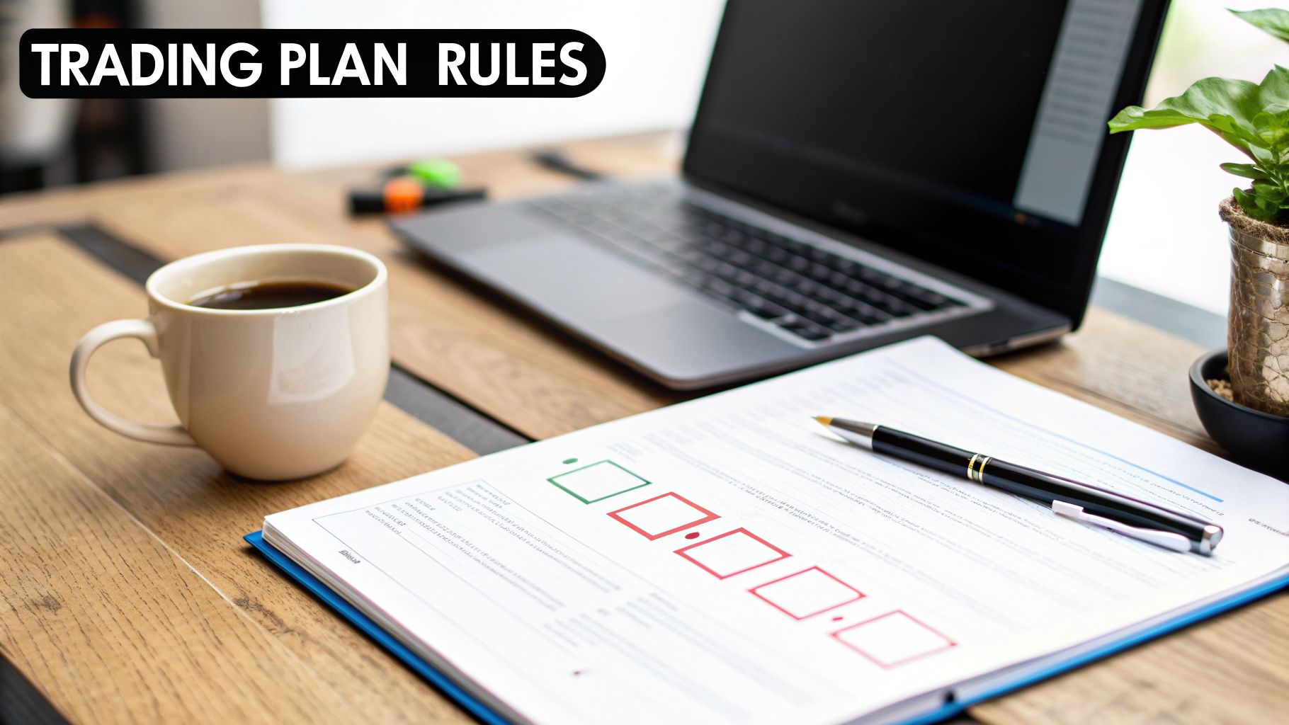 A desk with a laptop, coffee, plant, document showing 'Trading Plan Rules' with checkboxes, and a pen.