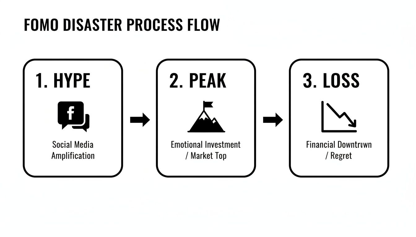 Flowchart illustrating the FOMO disaster process: Hype, Peak, and Loss, with explanations.