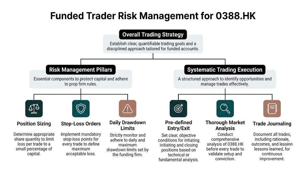A structured flowchart outlining risk management and trading execution strategies for funded accounts trading 0388.HK shares.