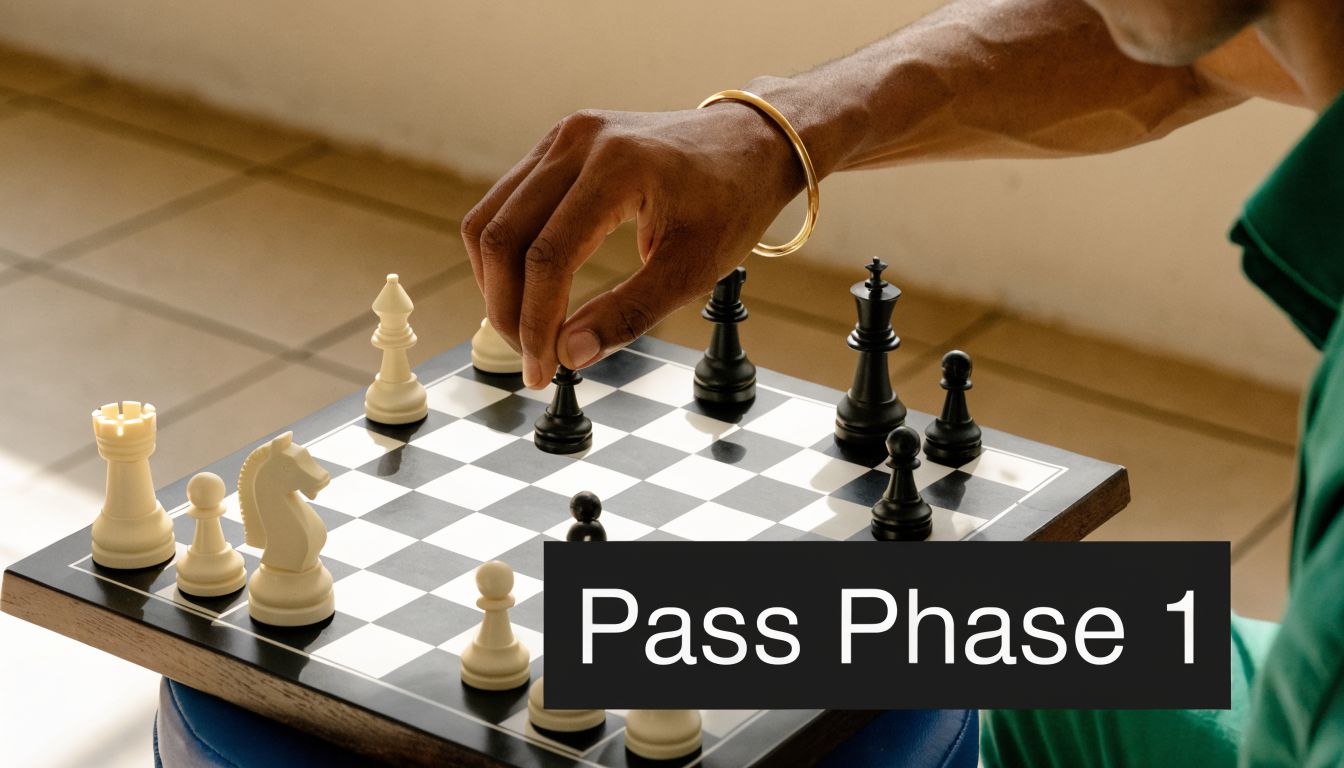A close-up view of a person's hand moving a black chess piece on a chessboard.
