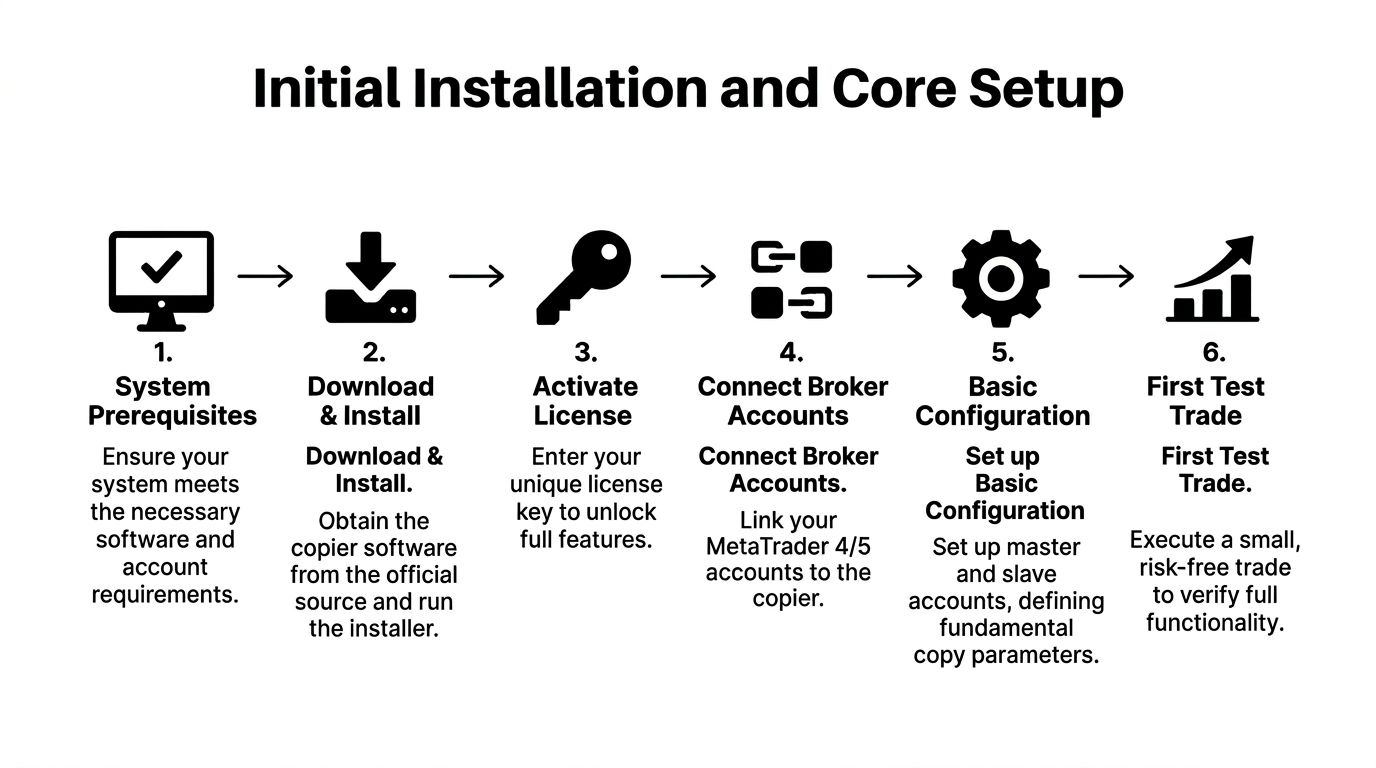 A six-step infographic guide illustrating the initial installation and core setup process for a trade copier software.
