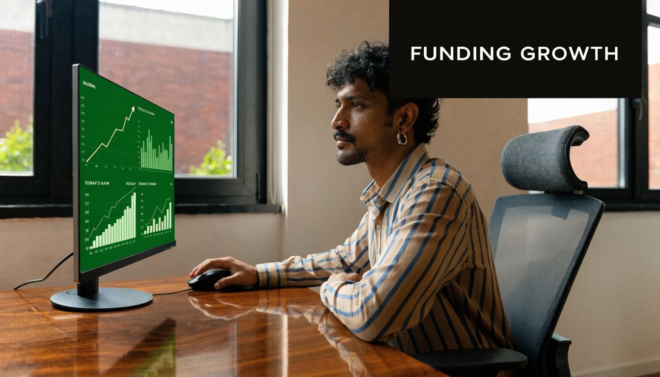 A young man sitting at a desk looking at financial growth charts on a computer monitor.