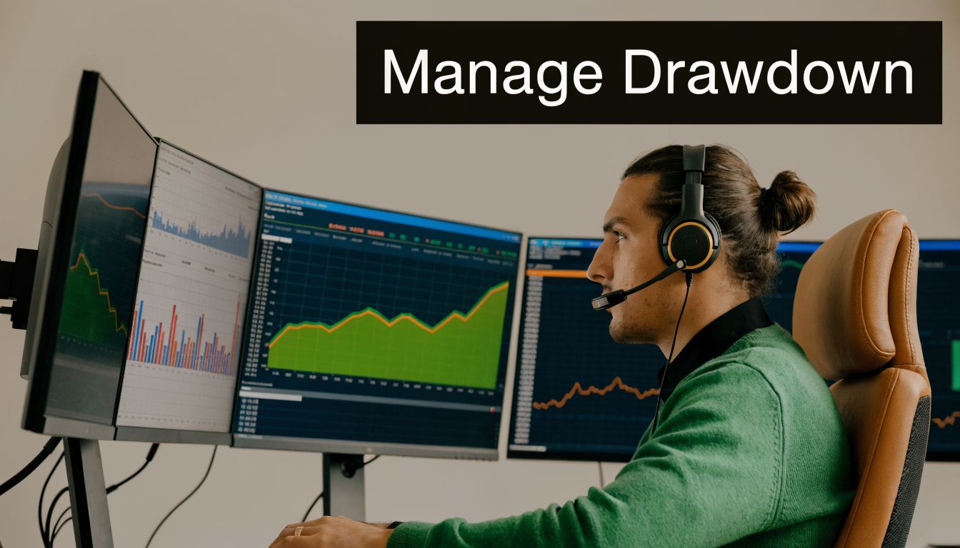 A professional financial trader monitors live market data and stock charts on multiple computer screens while wearing headphones.