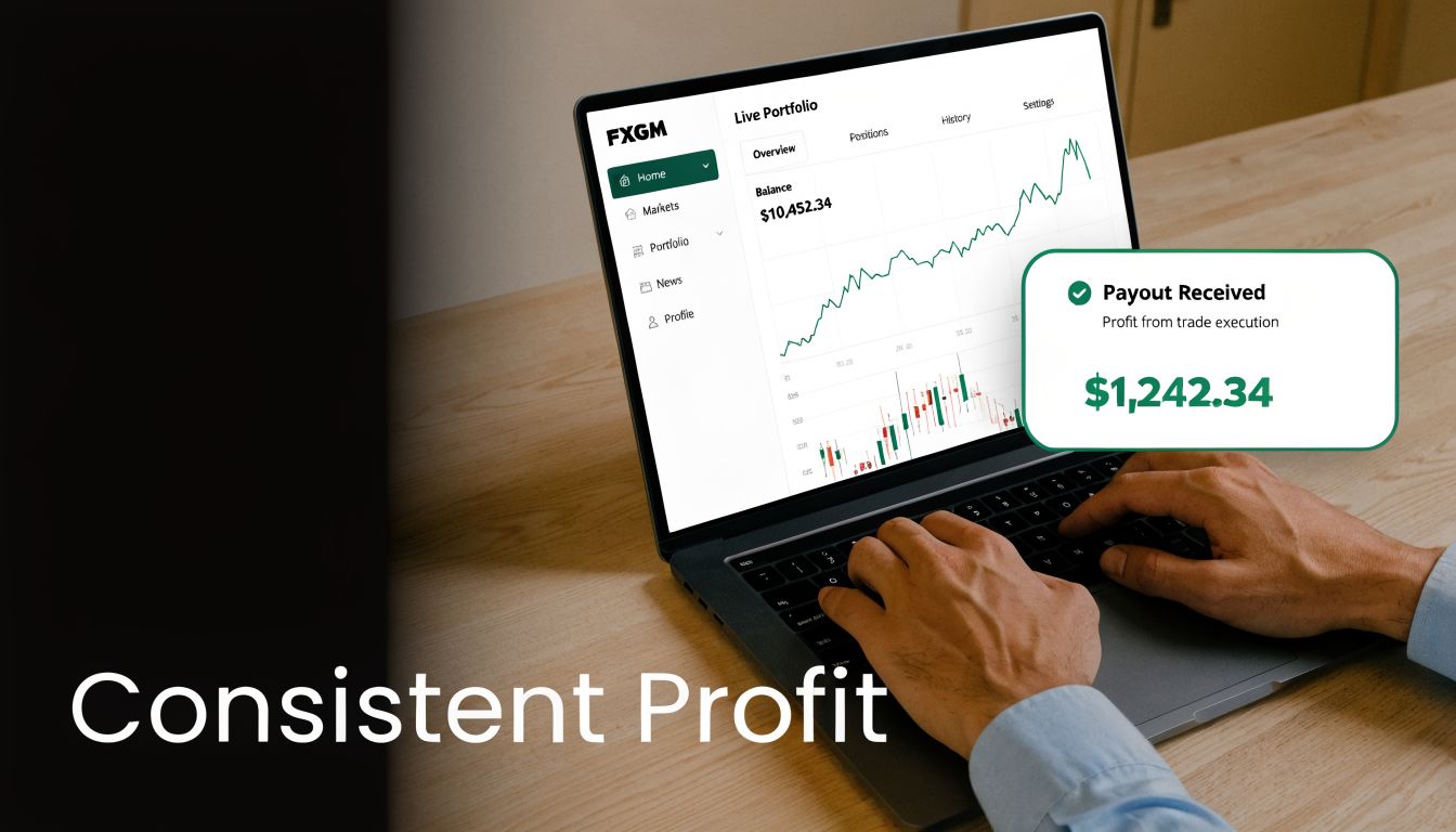 A person uses a laptop to check an FXGM trading portfolio showing consistent profit and payout results.