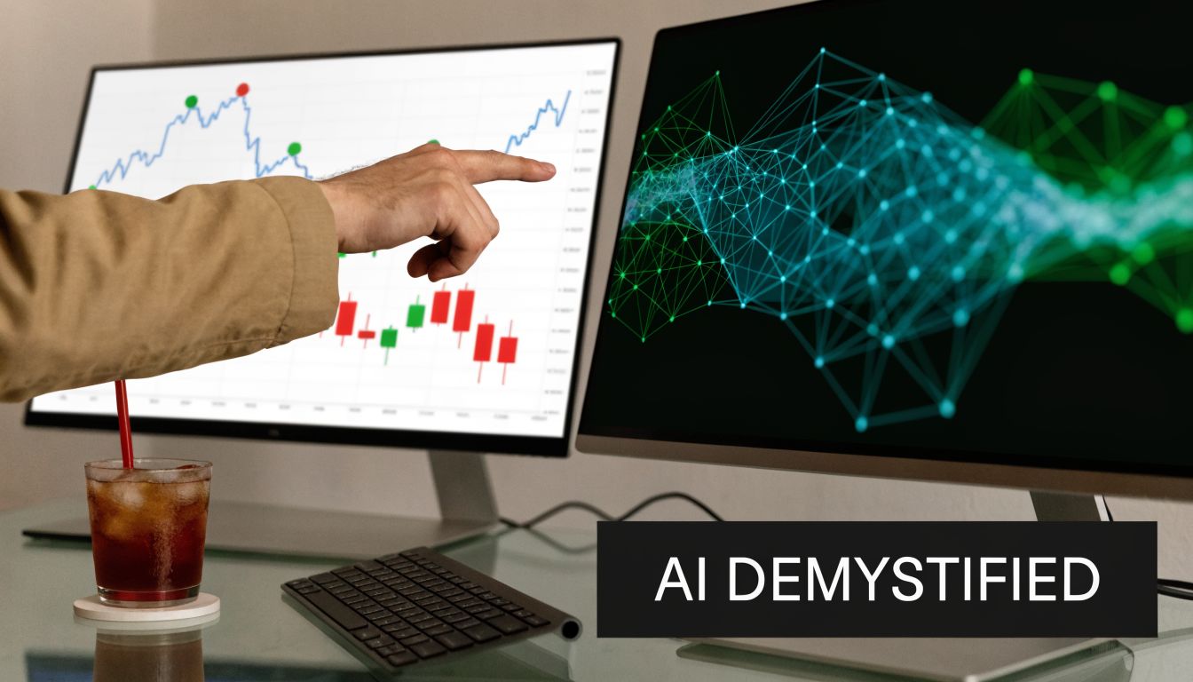 A person points at a digital stock chart on a screen next to an artificial intelligence network visualization.