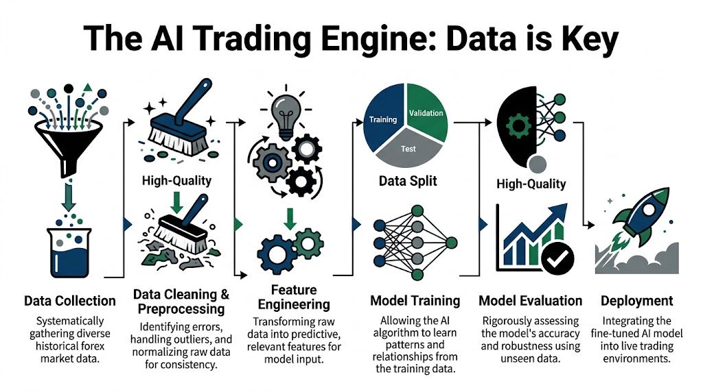 A diagram illustrating the step-by-step workflow of an AI trading engine starting from data collection to deployment.