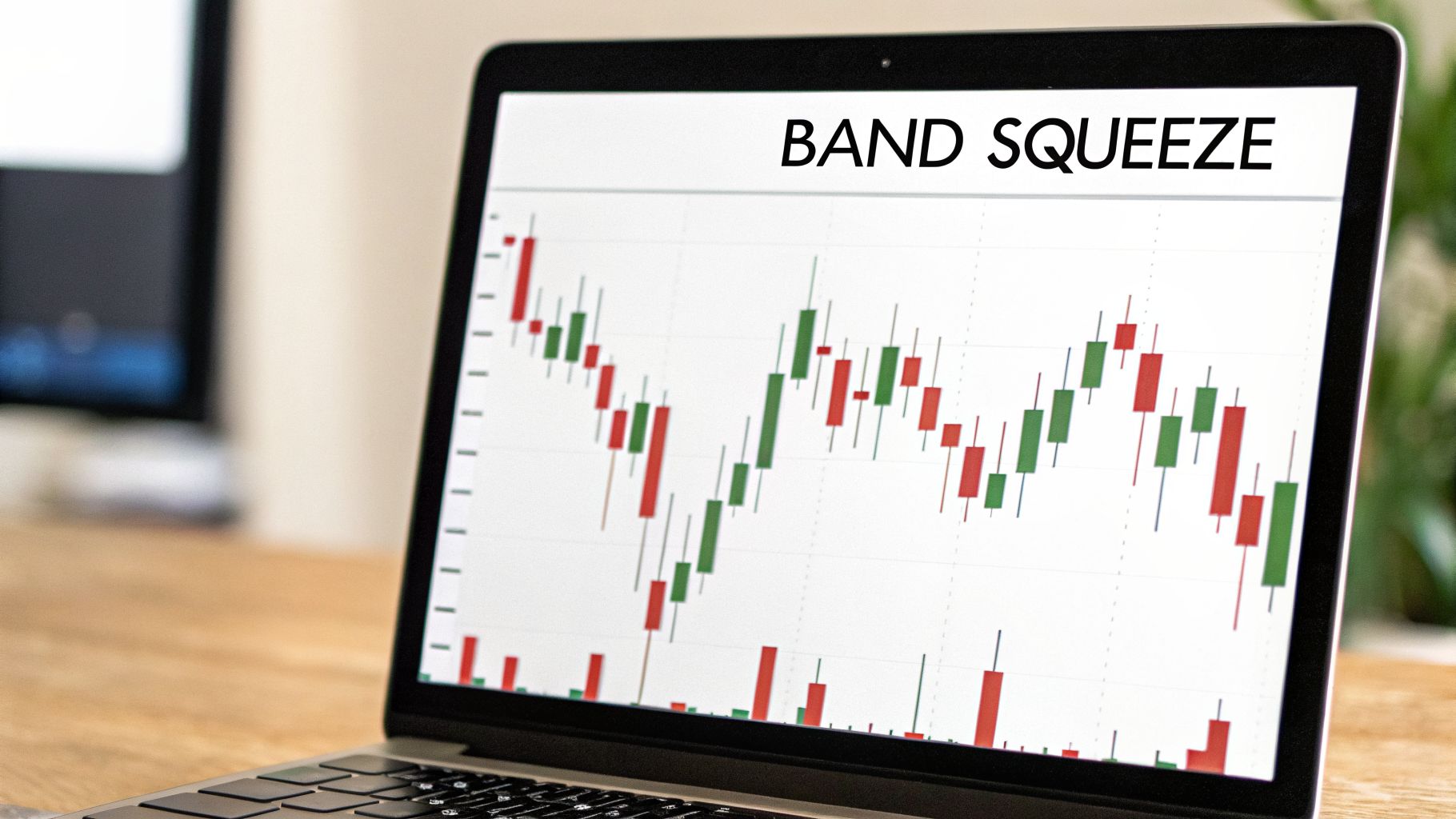 Close-up of a laptop showing a financial candlestick chart with 'BAND SQUEEZE' written on the screen.