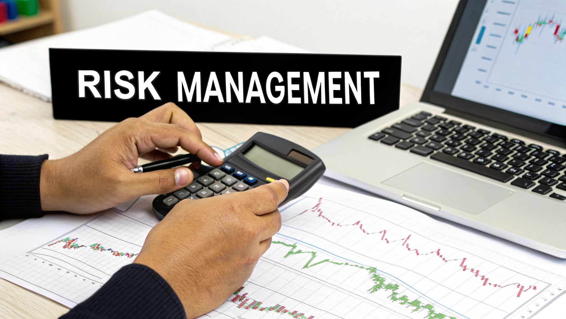 Hands calculating on a calculator, with a 'RISK MANAGEMENT' sign, laptop, and financial charts.