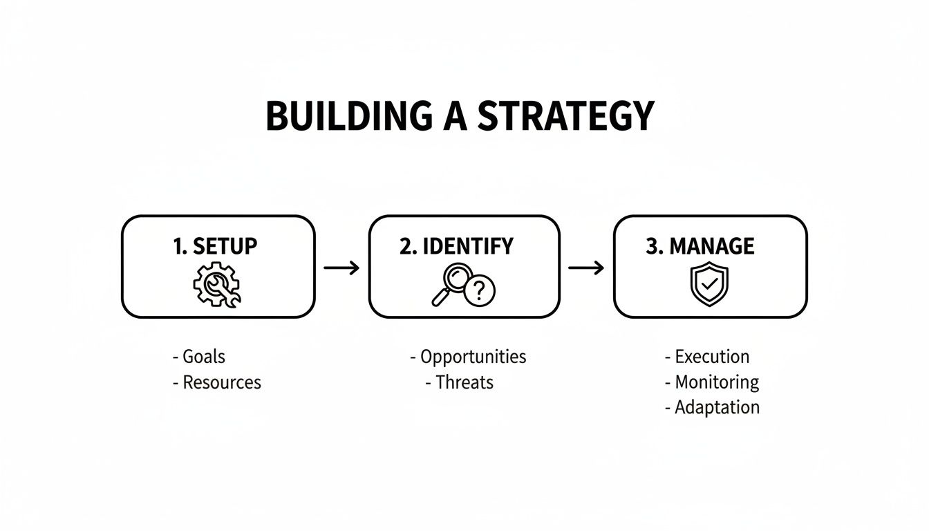 A diagram illustrating the three-step process for building a strategy: Setup, Identify, and Manage.