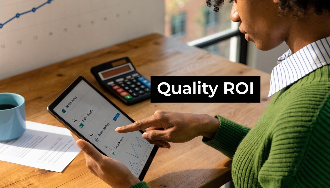 A professional analyzing quality return on investment data on a tablet screen at a wooden desk.