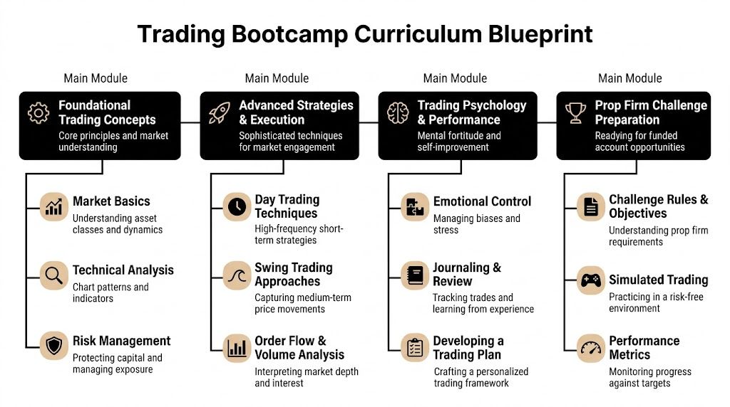 A comprehensive flowchart outlining a four-module trading bootcamp curriculum covering foundation, advanced strategies, psychology, and firm challenges.