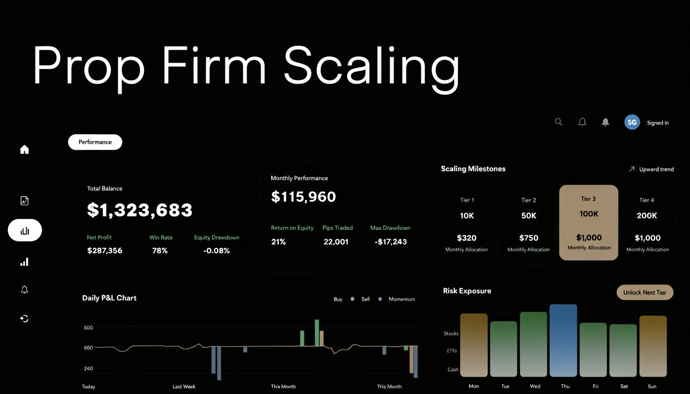 A digital dashboard showing trading performance, account balance, scaling milestones, and risk exposure for a prop firm.