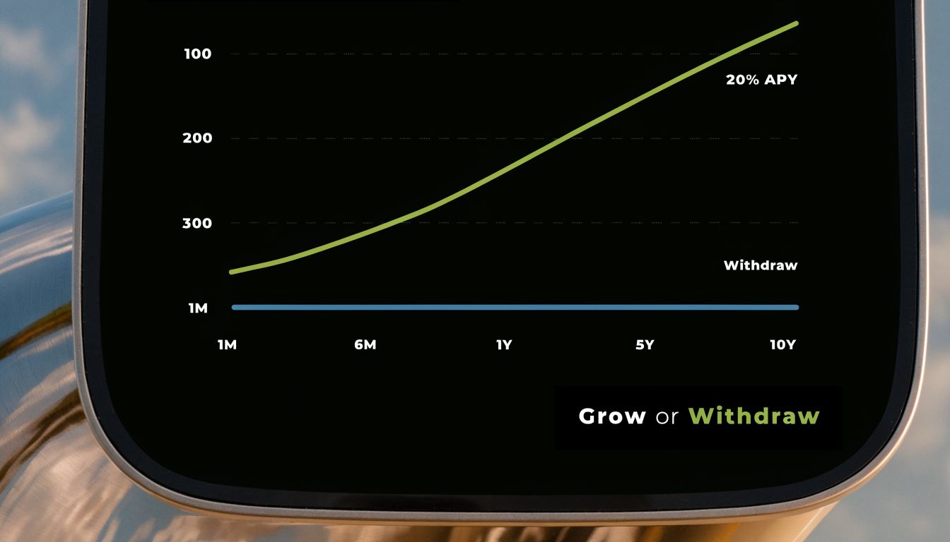 A digital financial chart showing the comparison between 20% APY compound growth and stagnant capital withdrawal.