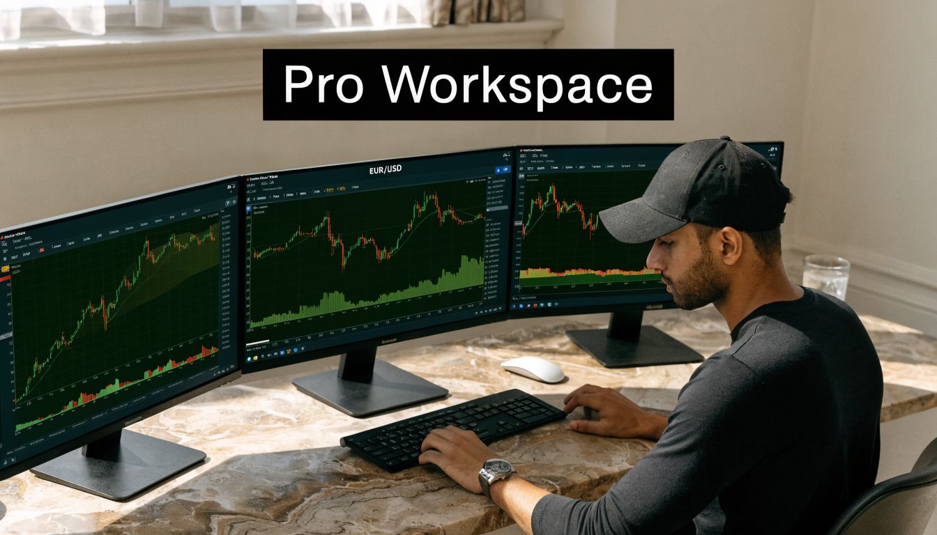 A professional trader wearing a black cap analyzing stock market charts on multiple computer screens at his desk.