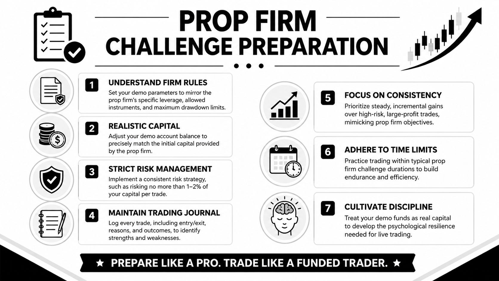 An infographic detailing seven essential steps for preparing for a prop firm trading challenge effectively.