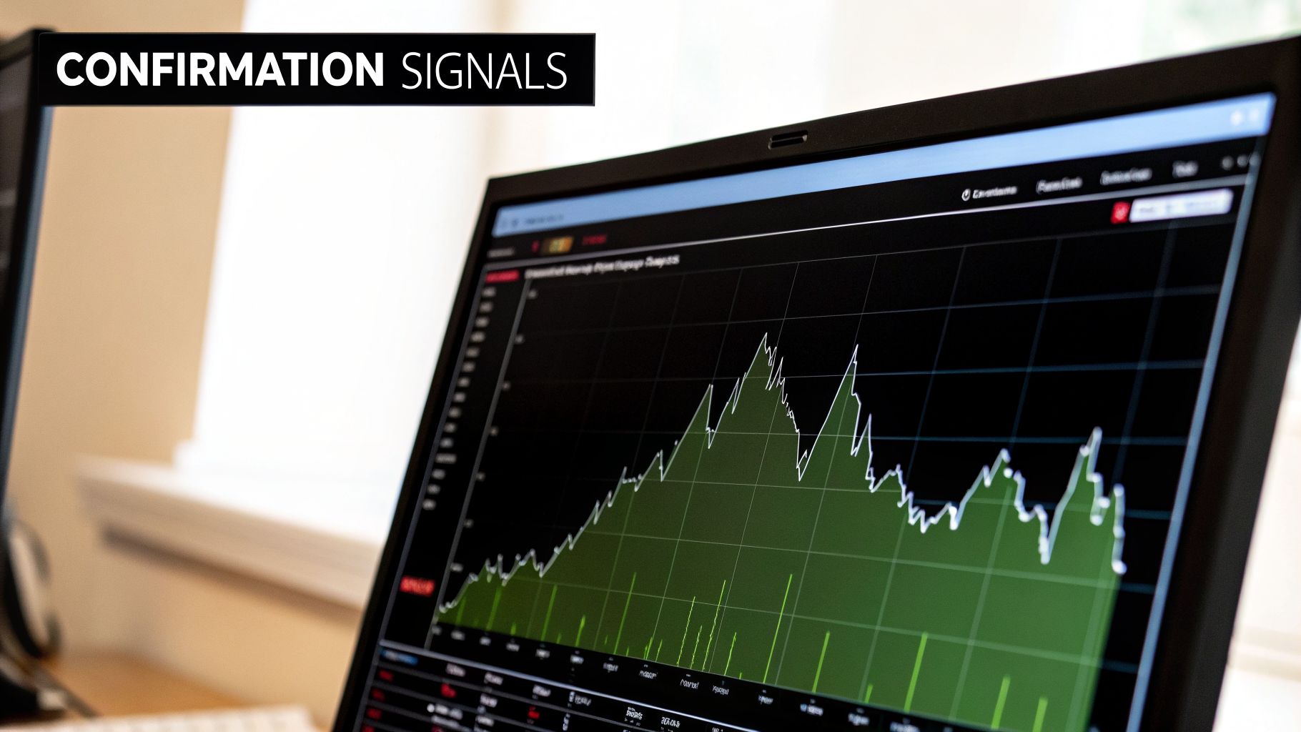 A computer screen showing a financial chart with an upward trend and 'Confirmation Signals' text.