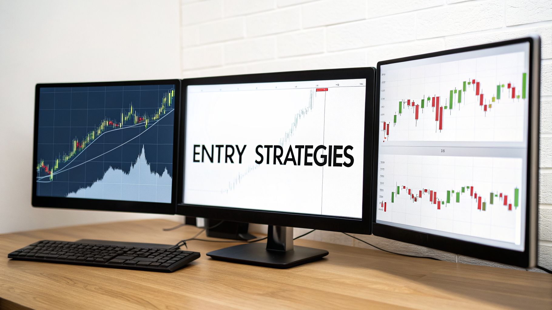 Three computer monitors display financial trading charts and 'ENTRY STRATEGIES' text on a wooden desk.