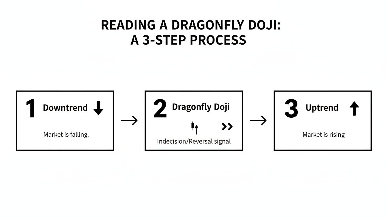 A 3-step flowchart explaining how to read a Dragonfly Doji candlestick pattern.