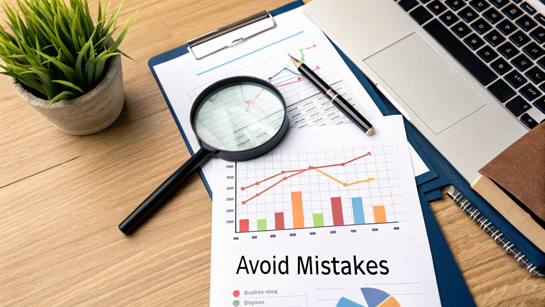 A desk flat lay with charts, a magnifying glass, a pen, a laptop, and a plant, emphasizing 'Avoid Mistakes'.
