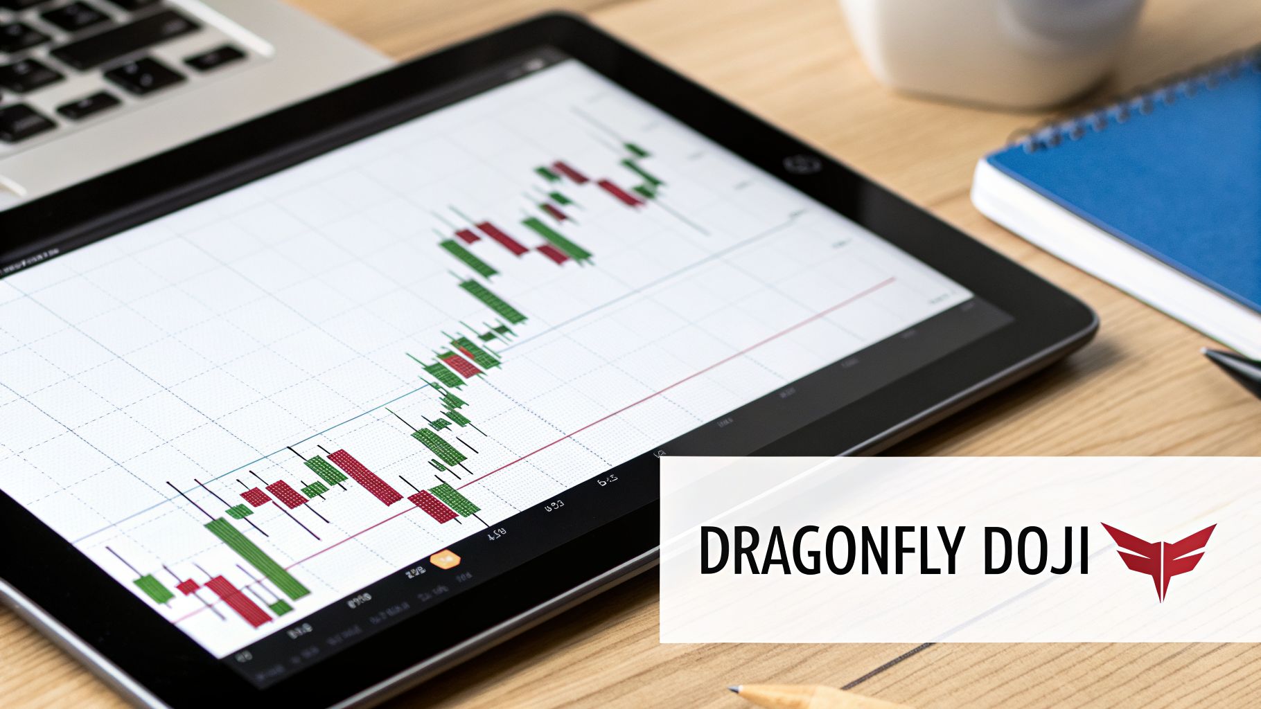 Financial candlestick chart showing Dragonfly Doji pattern on a tablet, with laptop and notebook on a wooden desk.