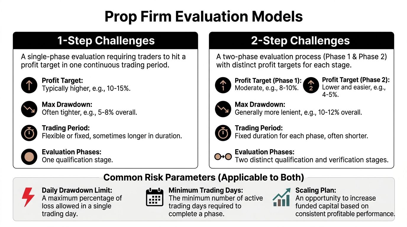 A comparison chart outlining the key differences between 1-step and 2-step prop firm trading evaluation models.