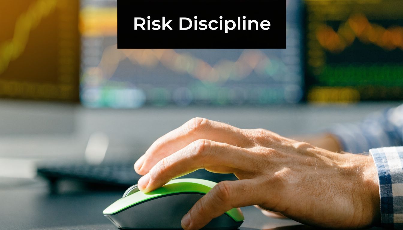 A close-up of a person using a computer mouse in front of blurry financial stock market charts.