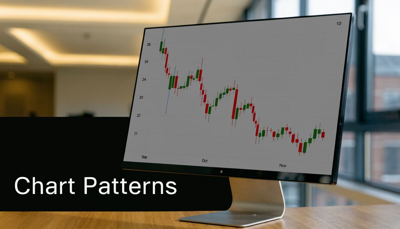 A computer monitor displaying a stock market candlestick chart showing a downward trend pattern.