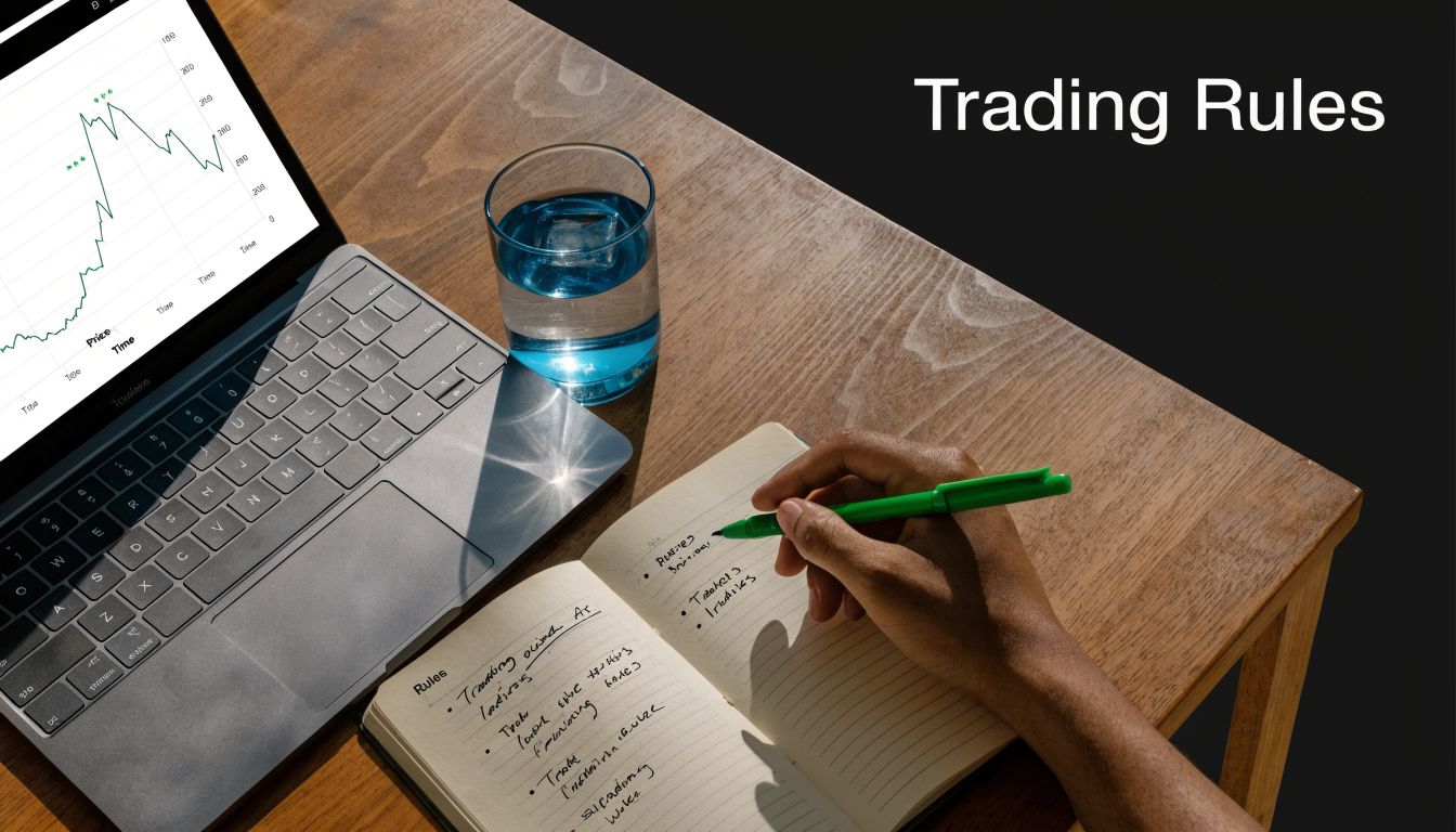 A person writing trading rules in a notebook next to a laptop displaying stock market data.