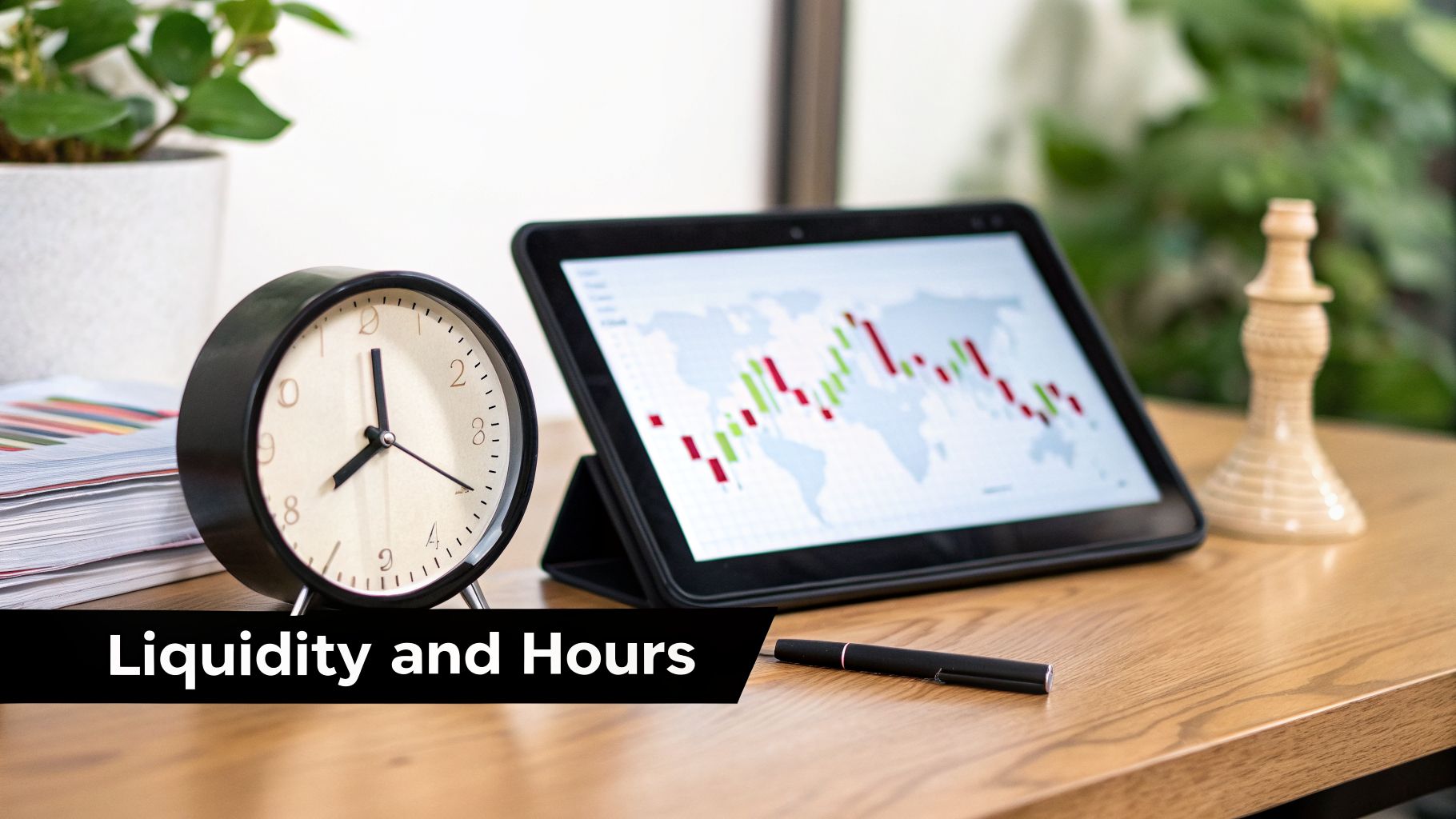 A desk with an alarm clock and a tablet displaying financial charts, representing trading hours.