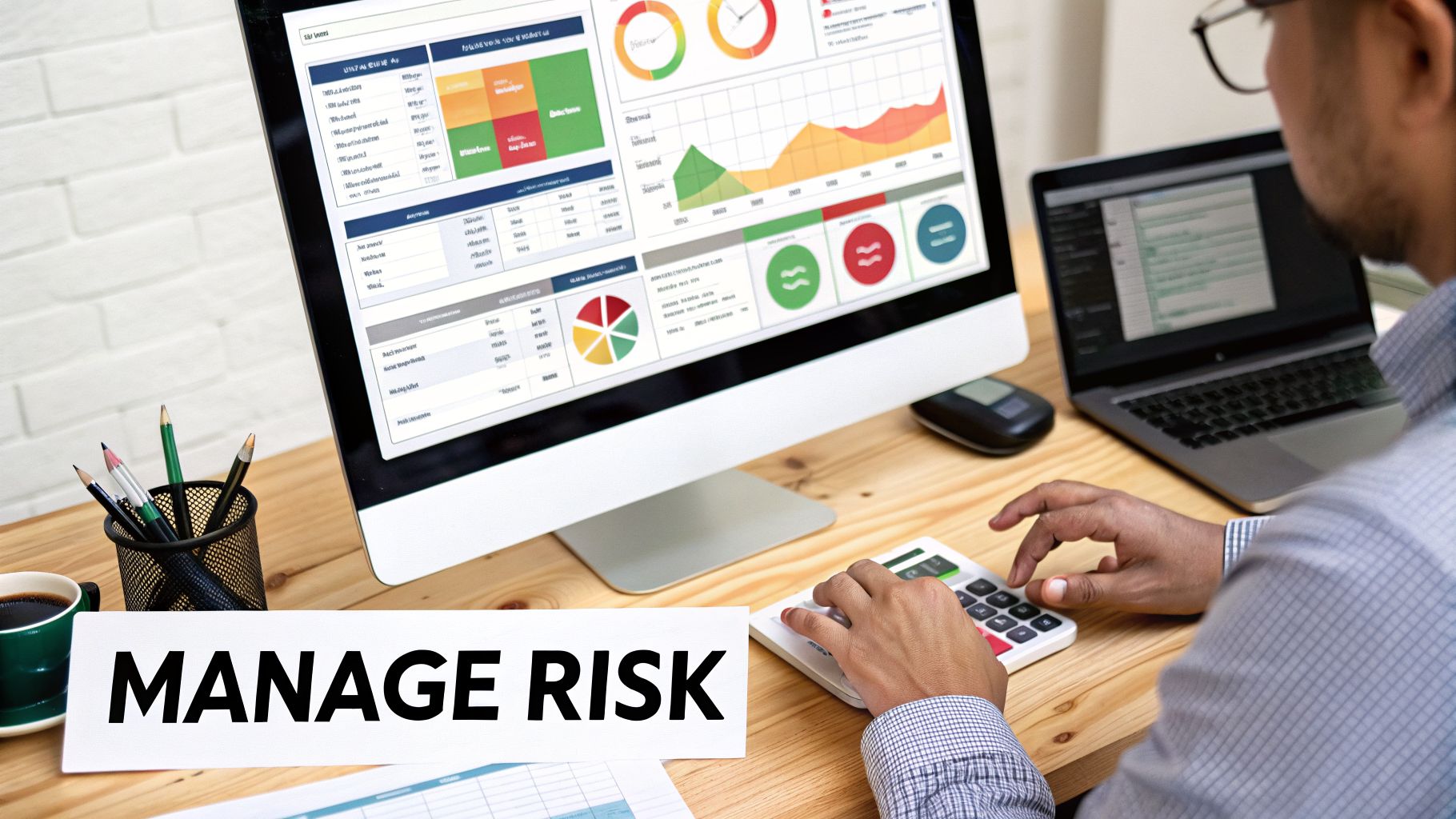 A man calculates finances on a desk with a computer displaying risk management data and charts.