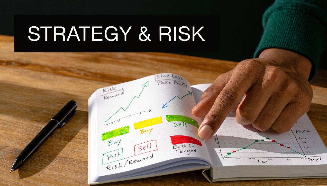 A person pointing to a notebook featuring hand-drawn trading charts, risk management notes, and market analysis strategies.