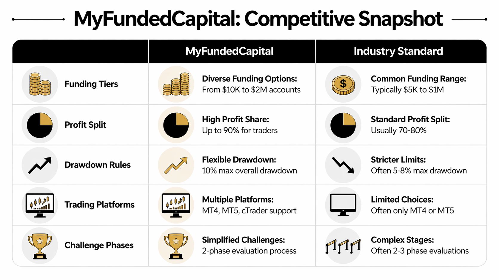 A comparison table showcasing MyFundedCapital features against industry standards for funded trading accounts.