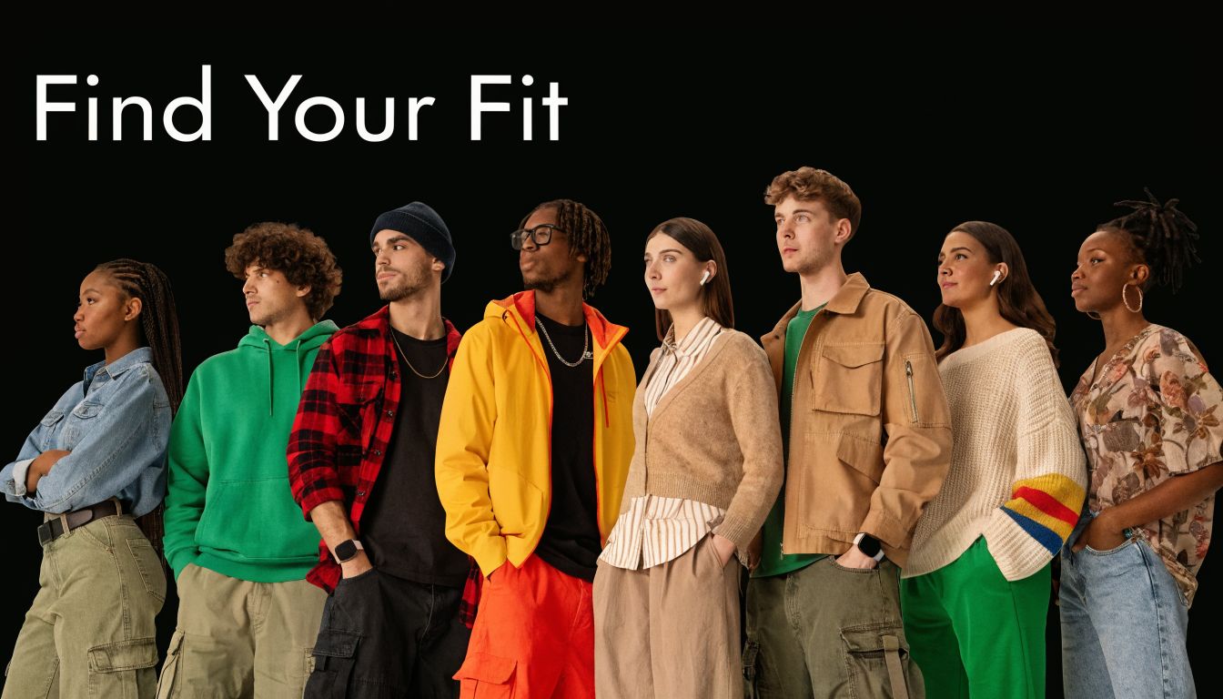 A diverse group of eight young adults standing together against a black background, looking towards the right.
