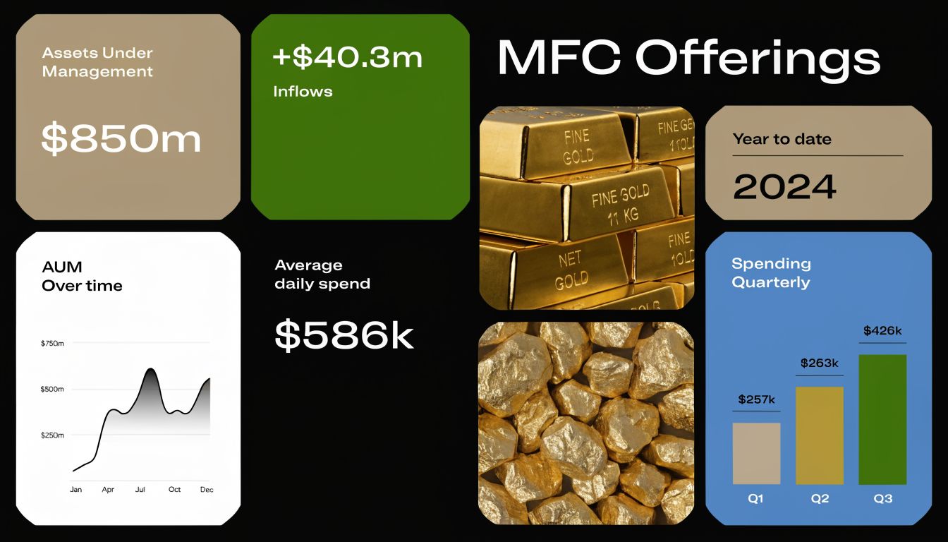 Dashboard visual showing financial metrics including assets under management, inflows, daily spending, and quarterly growth in gold.
