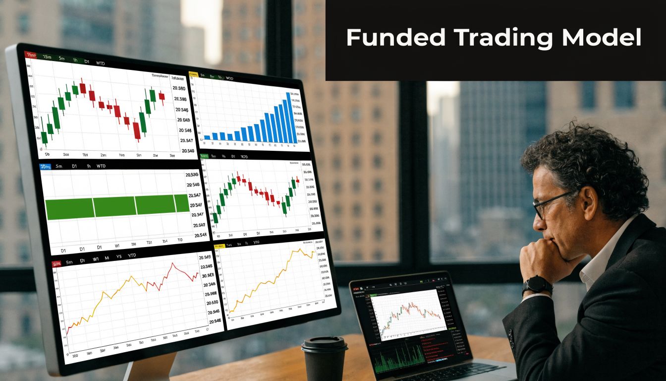 A professional trader analyzes complex financial market data on multiple computer monitors in a modern office setting.