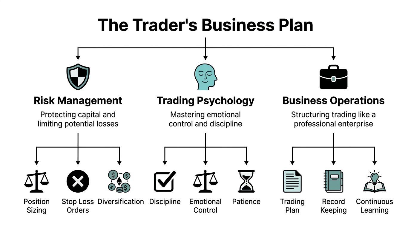 A diagram outlining the three key pillars of a trader's business plan: risk management, psychology, and operations.