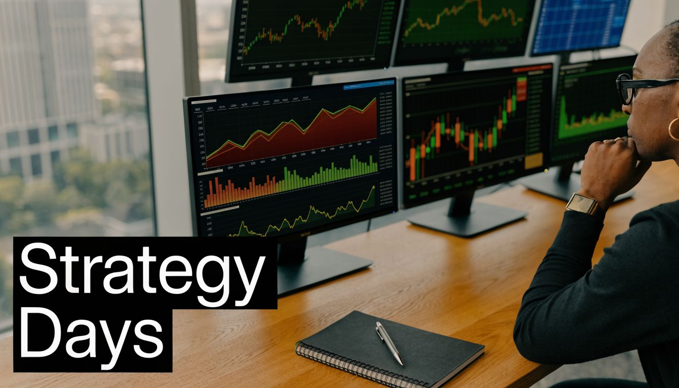 A professional trader analyzes complex stock market charts and data on multiple computer monitors in an office.