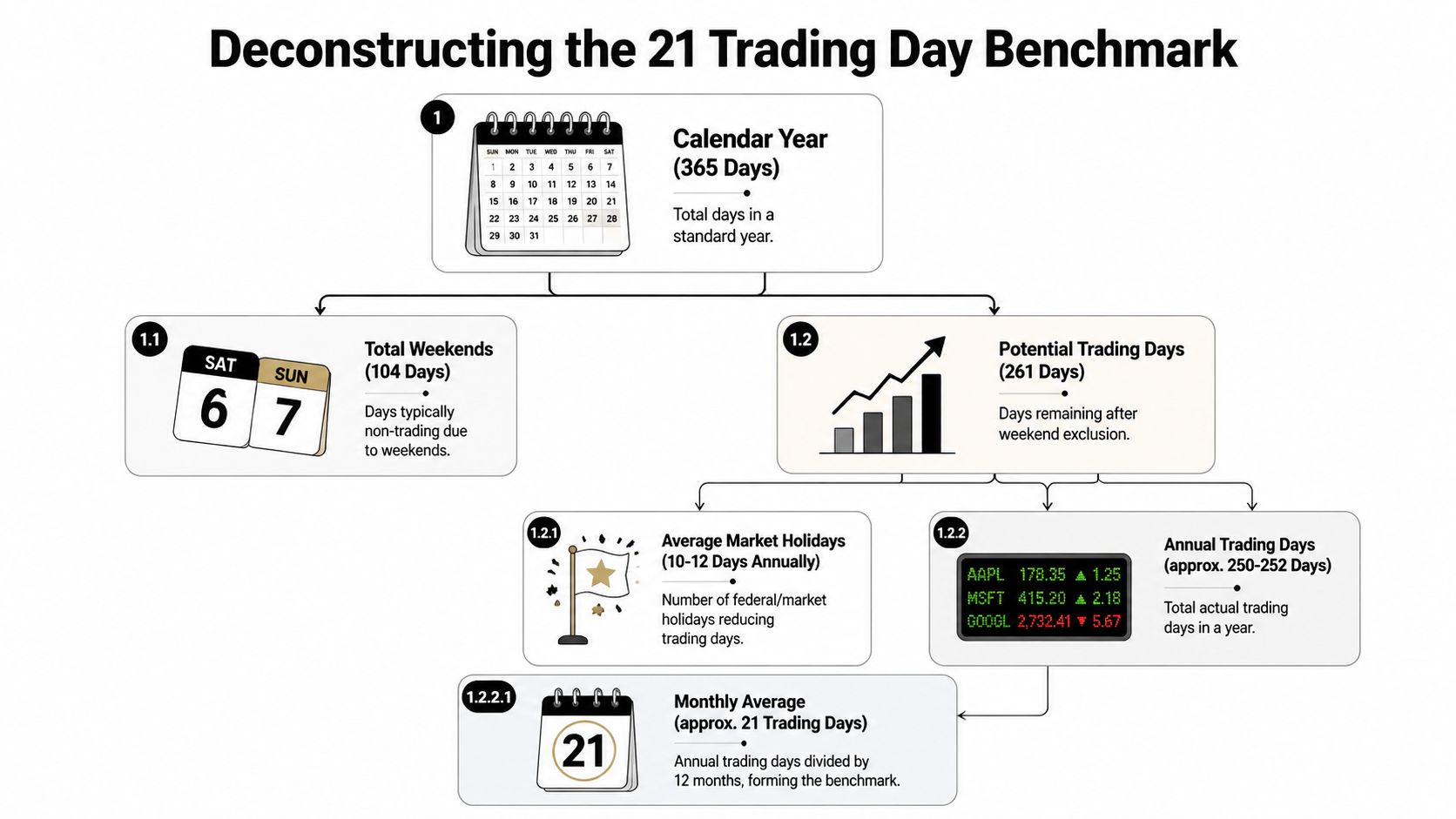 A flowchart explaining how a standard year results in an average benchmark of twenty-one trading days monthly.