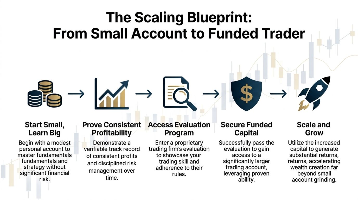 A step-by-step roadmap showing how to scale a small trading account into a funded trading career.