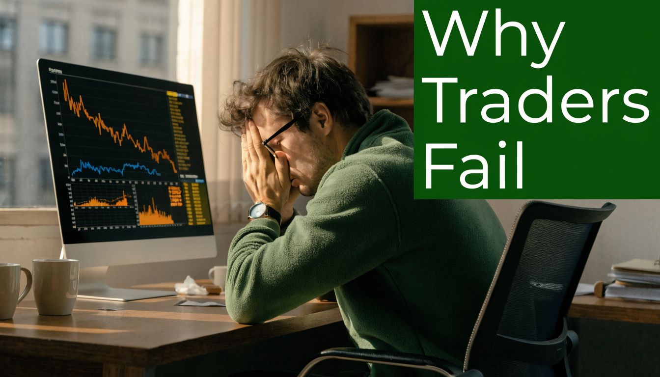 A distressed trader sitting at a desk with a computer displaying falling financial stock market charts.