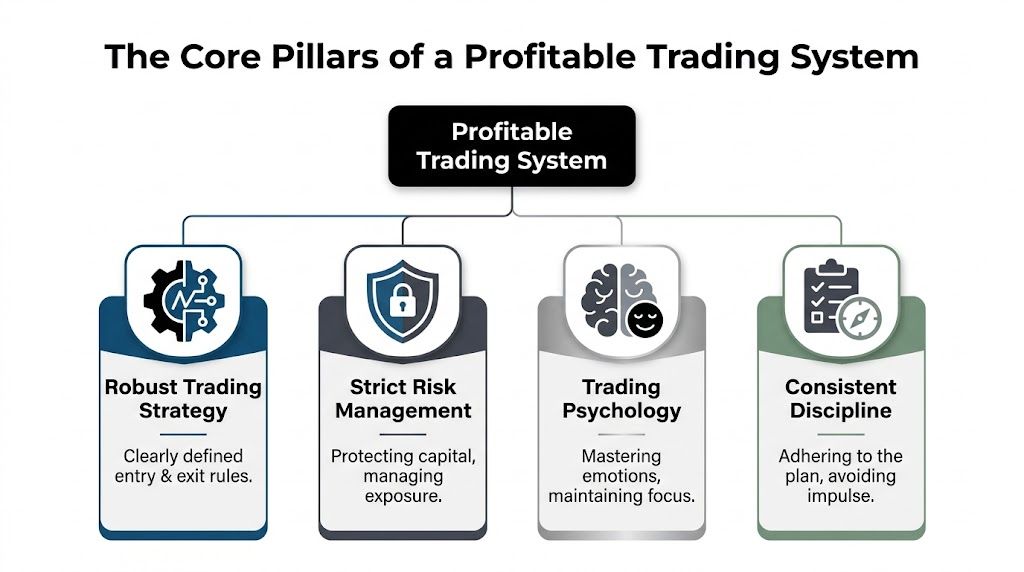 A diagram illustrating the four core pillars of a profitable trading system including strategy, risk, psychology, and discipline.
