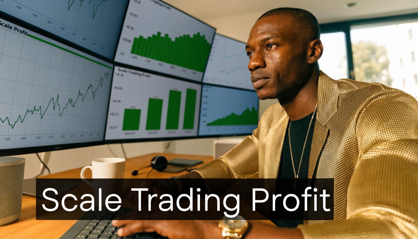 A professional trader in a gold blazer monitors multiple computer screens displaying green stock market charts.