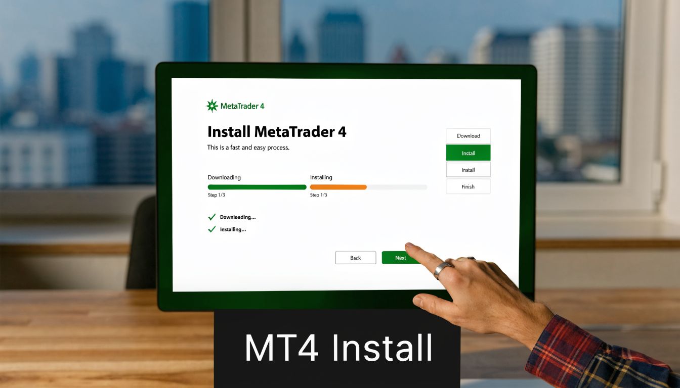 A person using their finger to click the next button during a MetaTrader 4 software installation process.