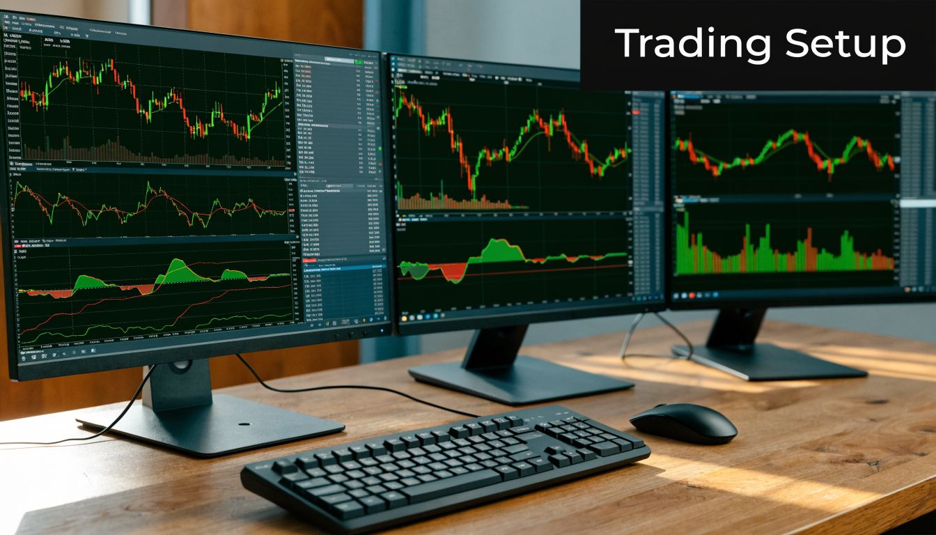 A professional trading desk setup with three computer monitors displaying live stock market data and financial charts.