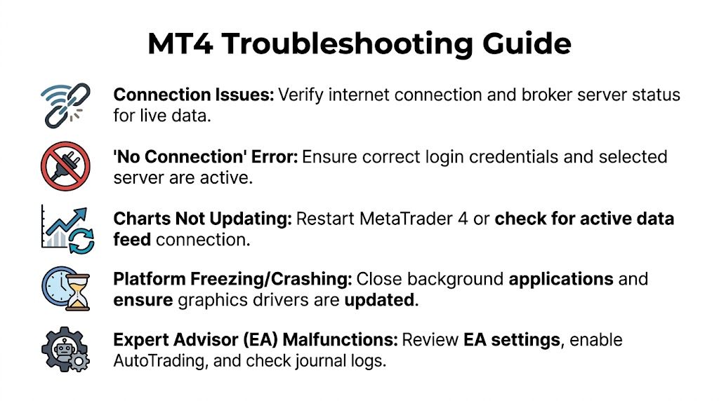 A troubleshooting guide for MetaTrader 4 listing common errors and their potential solutions for traders.