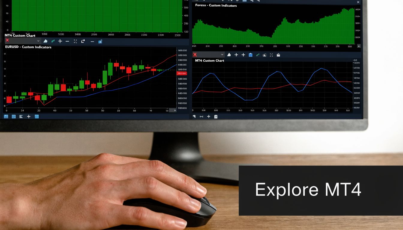 A close-up view of a person using a computer mouse to analyze MT4 forex trading chart data.